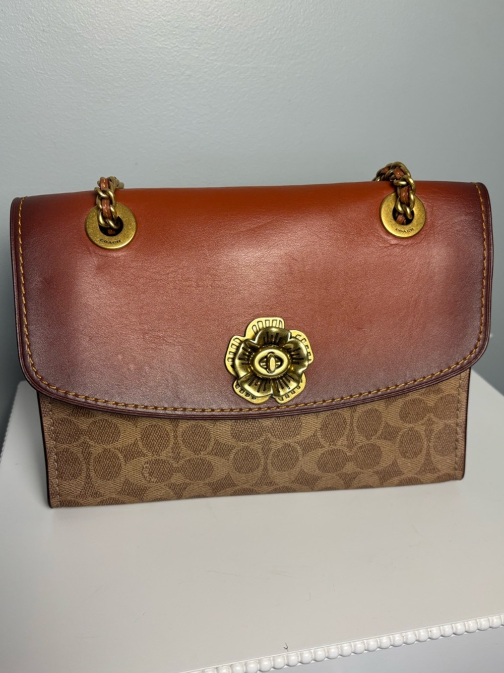 Coach Parker Convertable Bag Colorblock Signature Canvas and Tea Rose Closure